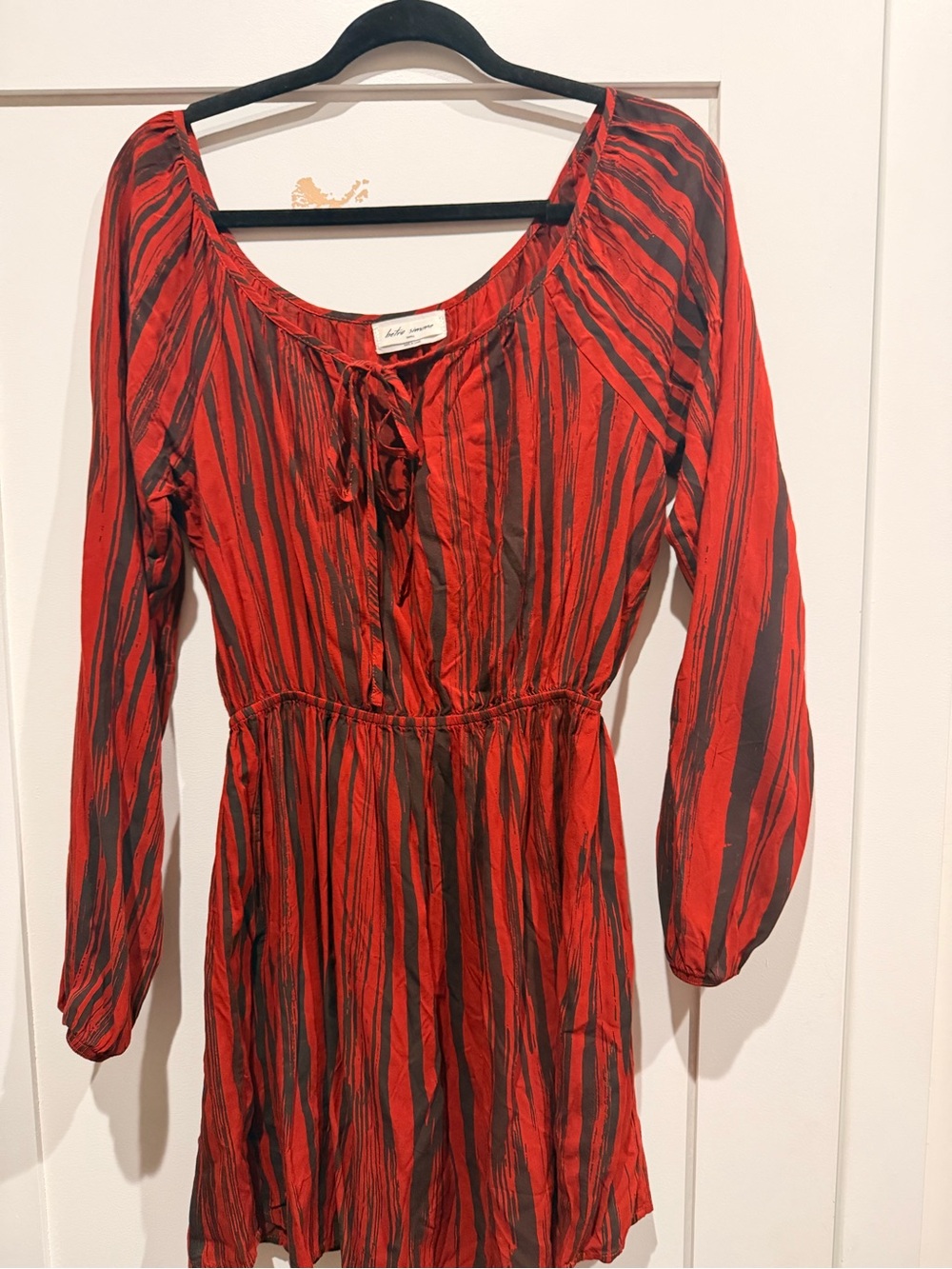 Striped Red and Black Long-Sleeve Tie-Front Dress